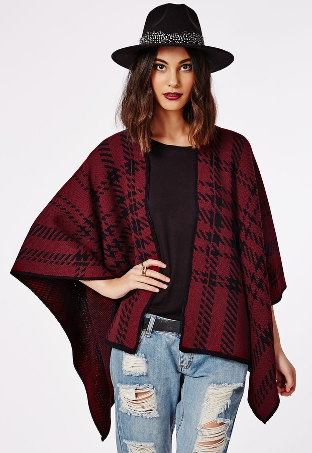 Missguided Xin Check Blanket Cape Burgundy, $40 | Missguided | Lookastic
