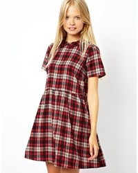 Asos Smock Dress In Check With Collar Red