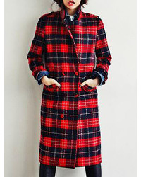 Choies Red Plaid Long Line Winter Coat