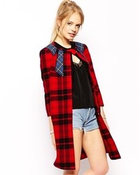 Love Moschino Coat In Plaid With Contrast Bow Applique Red Black