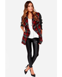 Crisscross Reference Red Plaid Vegan Leather Coat
