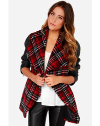 Crisscross Reference Red Plaid Vegan Leather Coat
