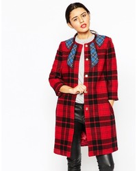 Love Moschino Plaid Coat With Blue Plaid Neck Bow Emroidery