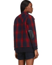 Band Of Outsiders Red Navy Plaid Wool Plaid Coat
