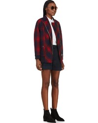 Band Of Outsiders Red Navy Plaid Wool Plaid Coat