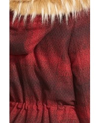 Steve Madden Red Stripe Hooded Duffle Coat With Faux Fur Trim