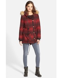 Steve Madden Red Stripe Hooded Duffle Coat With Faux Fur Trim