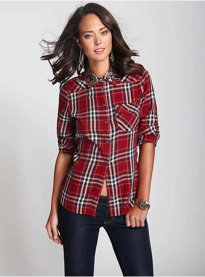 GUESS Embellished Collar Plaid Shirt, $89 | GUESS | Lookastic