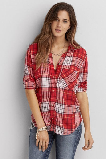 Eagle Outfitters O Boyfriend Plaid Button Down Shirt, $39 | American Eagle | Lookastic