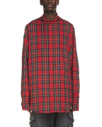 Balenciaga Plaid Hooded Flannel Button Up Shirt In Red Plaid At Nordstrom