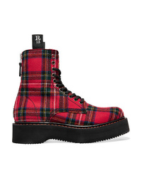 Red Plaid Leather Lace-up Flat Boots