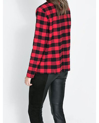 Choies Red Plaid Blouse With Zippers And Leather Tipping