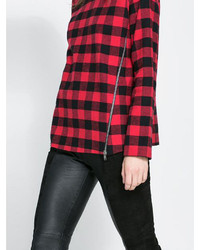 Choies Red Plaid Blouse With Zippers And Leather Tipping