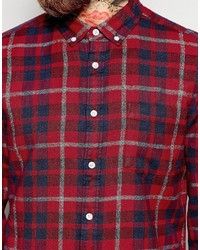 Asos Brand Marl Shirt With Madras Check In Red With Long Sleeves In Regular Fit