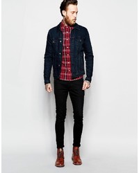 Asos Brand Skinny Shirt In Red With Mini Plaid Check In Long Sleeve