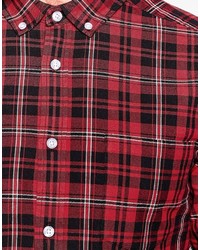 Asos Brand Skinny Shirt In Red With Mini Plaid Check In Long Sleeve