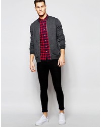 Asos Brand Skinny Shirt With Grid Check In Red And Long Sleeve