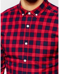 Asos Brand Skinny Shirt With Grid Check In Red And Long Sleeve