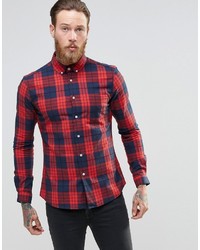 Asos Brand Skinny Shirt With Grid Check In Red With Long Sleeves