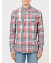 Topman Red And Navy Check Long Sleeve Shirt