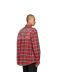 Burberry Red Stretch Poplin Check Logo Applique Shirt