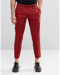 Men's Skinny Red Plaid Cropped Smart Pants