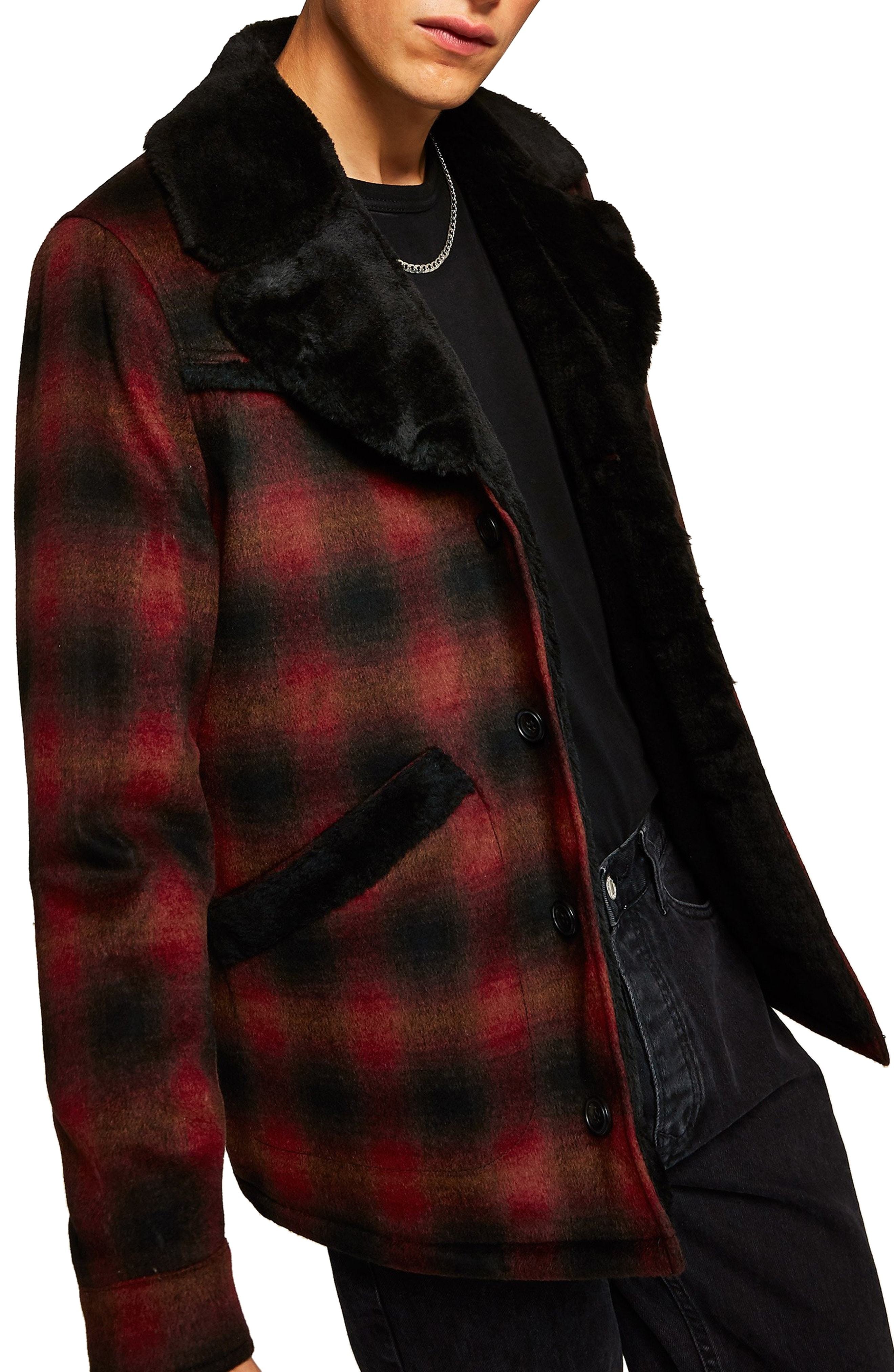 Topman Check Faux Fur Lined Rodeo, Fur Lined Pea Coat Womens