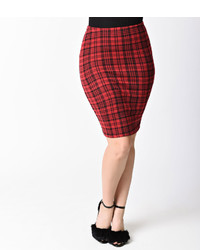 Unique Vintage Red Black Plaid High Waisted Fitted Wiggle Skirt