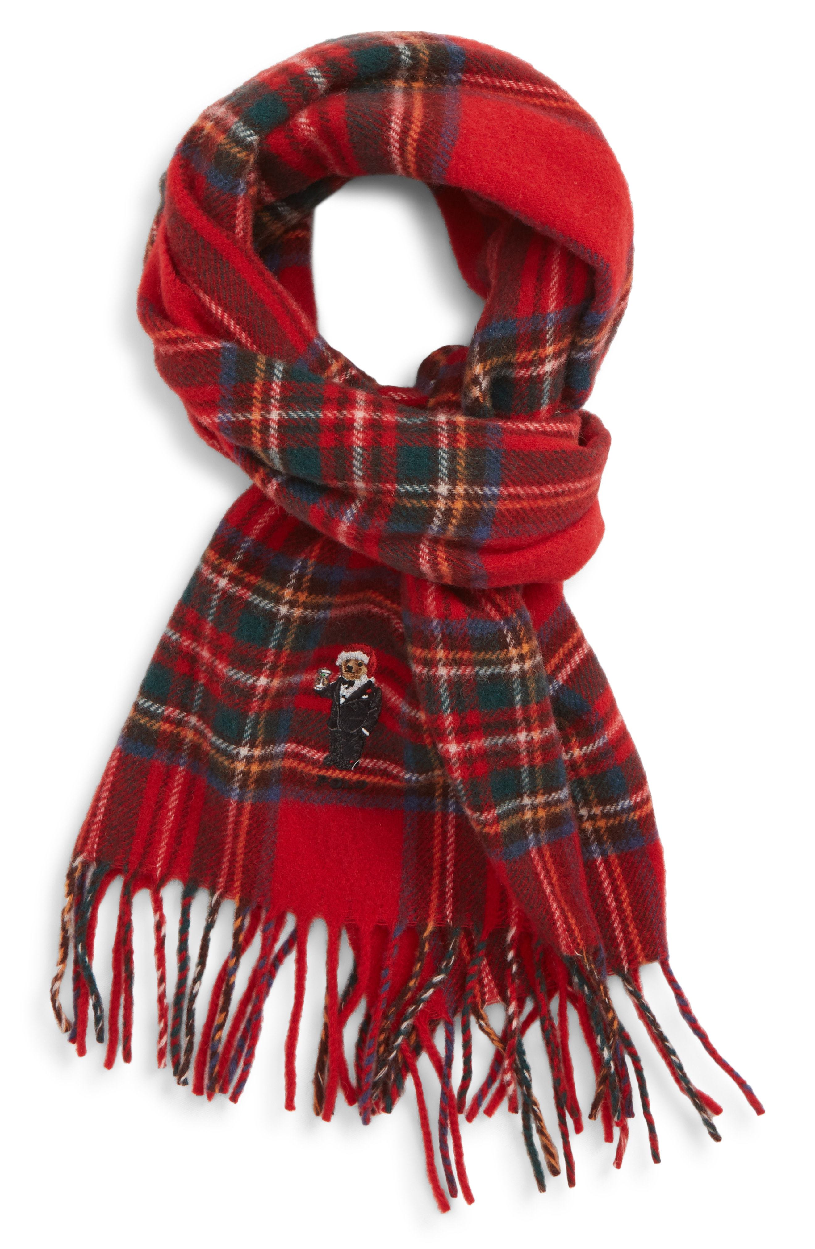 Polo Ralph Lauren Embroidered Bear Plaid Wool Blend Scarf, $68 