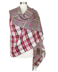 Oversized Reversible Plaid Blanket Wrap Scarf Ivory And Red