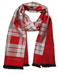Alexander McQueen Red And Silver Plaid Silk And Wool Scarf