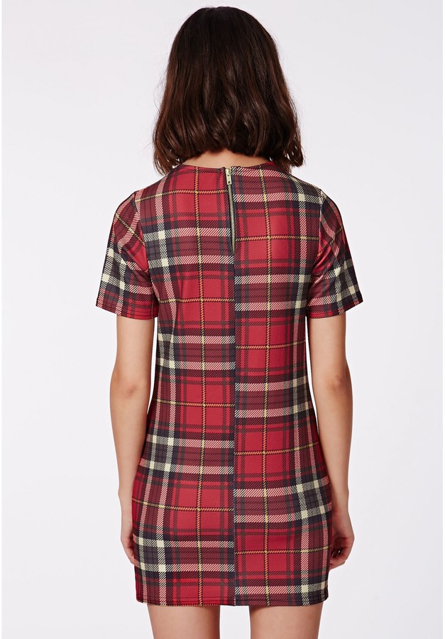 Missguided Catrin Zip Back Fitted Tartan Shift Dress Red Check