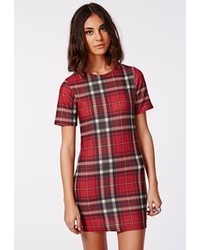 Missguided Catrin Zip Back Fitted Tartan Shift Dress Red Check