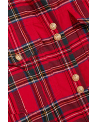 Balmain Button Detailed Tartan Cotton Shirt Red
