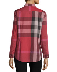 Burberry Long Sleeve Check Cotton Shirt Berry Red