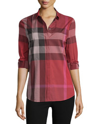 Burberry Long Sleeve Check Cotton Shirt Berry Red