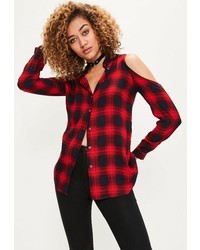Missguided Red Cold Shoulder Plaid Shirt