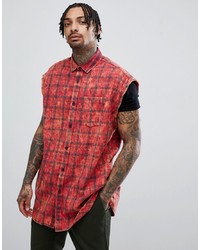 ASOS DESIGN Overszied Sleeveless Tartan Check Shirt With Acid Wash