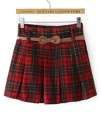 Plaid Belt Pleated Red Skirt