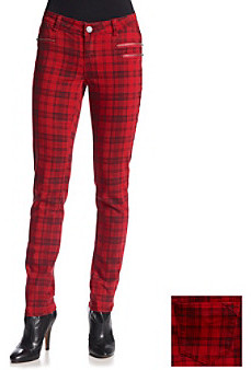 red plaid skinny pants