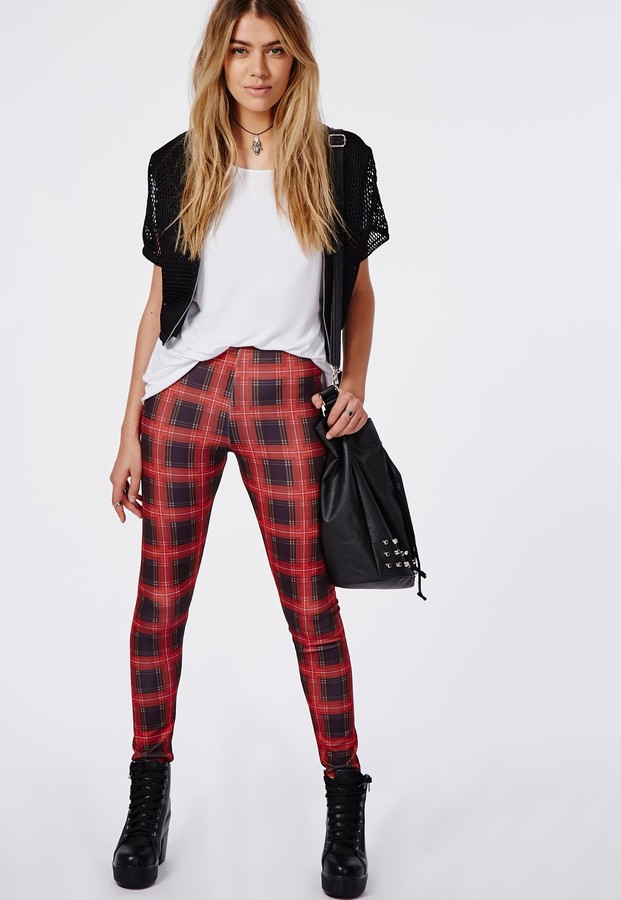 Missguided Meaghan Tartan Scuba Leggings Red, $26, Missguided