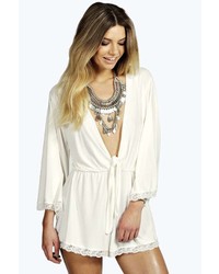 Boohoo Laura Lace Trim Slinky Tie Front Playsuit