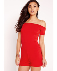 Missguided Bardot Jersey Playsuit Red