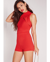 Missguided Crepe Twist Neck Detail Playsuit Red