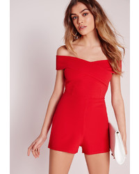 Missguided Cross Front Bardot Romper Red