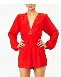 ChicNova Red V Neckline Long Sleeves Chiffon Jumpsuits Rompers