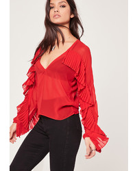 Missguided Pleated Frill V Neck Blouse Red