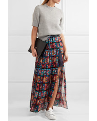 Sacai Shell And Lace Trimmed Pleated Printed Chiffon Maxi Skirt Red