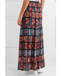 Sacai Shell And Lace Trimmed Pleated Printed Chiffon Maxi Skirt Red