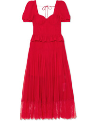 Red Pleated Chiffon Midi Dress